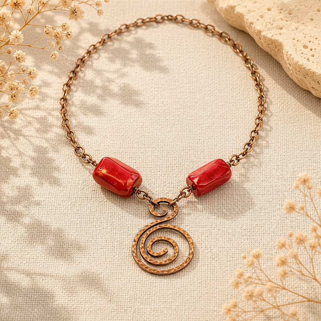 Spiral Motifli El Yapımı Bakır Kolye – Kırmızı Mercan Taşlı